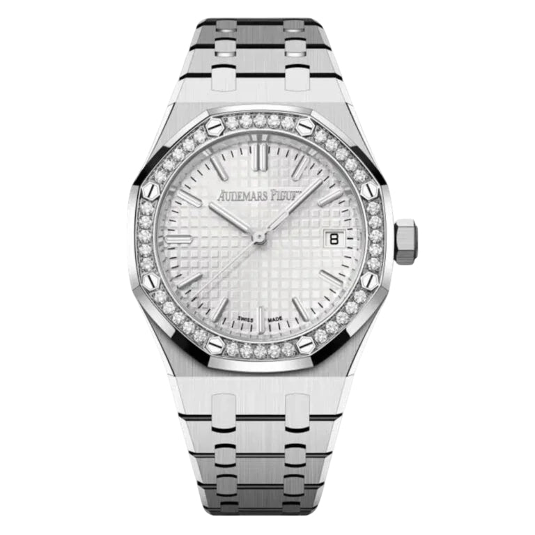Audemars Piguet Royal Oak 67651ST.ZZ.1261ST.01 women's quartz watch, silver dial, diamond bezel, silver stainless steel bracelet – front view
