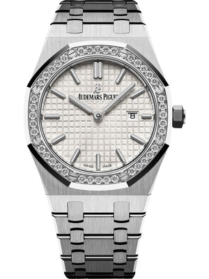 Audemars Piguet Royal Oak 67651ST.ZZ.1261ST.01 women's quartz watch, silver dial, diamond bezel, silver stainless steel bracelet – full front view