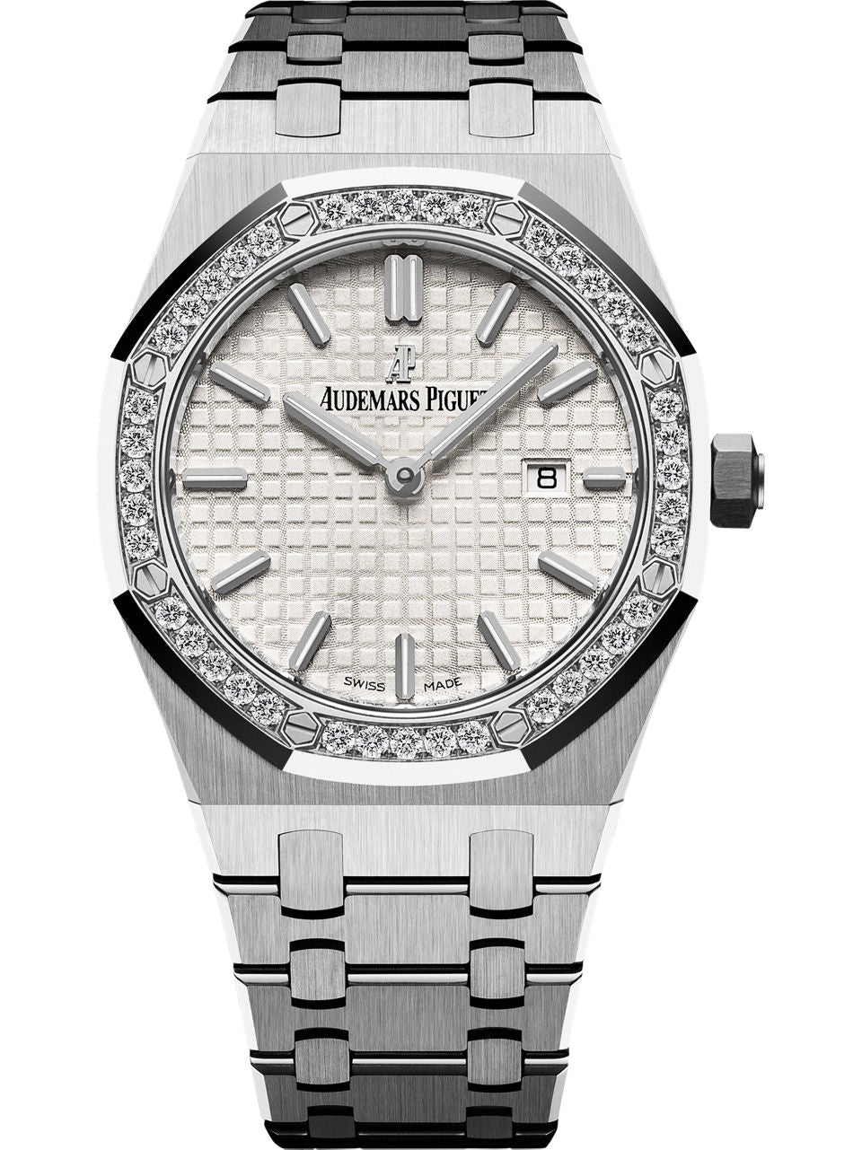 Audemars Piguet Royal Oak 67651ST.ZZ.1261ST.01 women's quartz watch, silver dial, diamond bezel, silver stainless steel bracelet – full front view