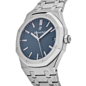 Audemars Piguet Royal Oak men's automatic watch, 41mm case, blue dial, silver stainless steel bracelet – three-quarter left angle view