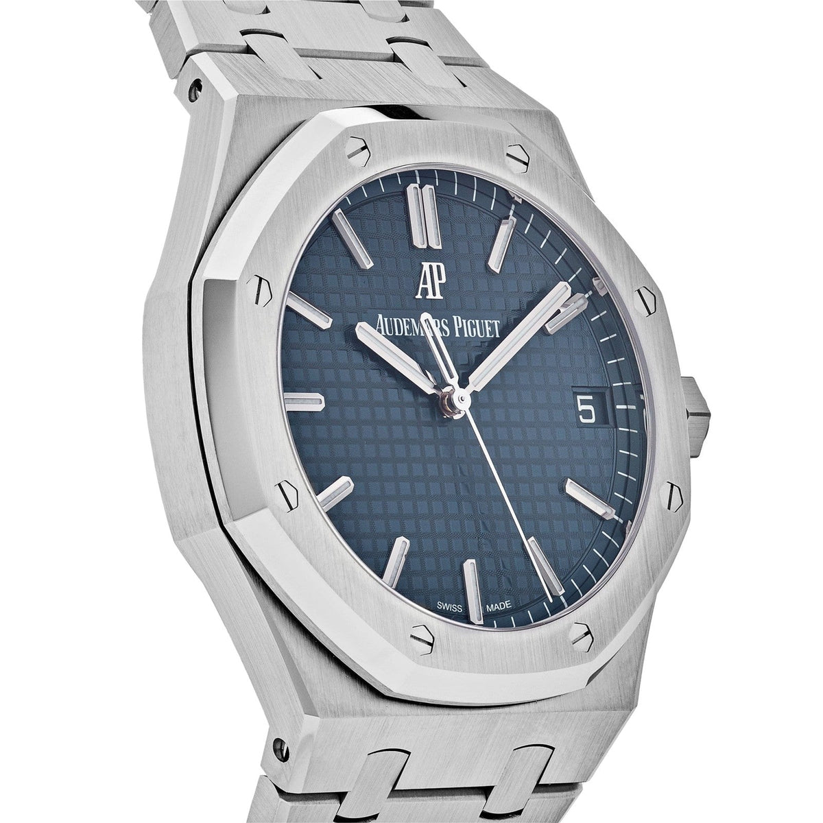Audemars Piguet Royal Oak men's automatic watch, 41mm case, blue dial, silver stainless steel bracelet – three-quarter right angle view