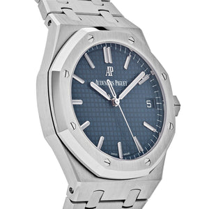 Audemars Piguet Royal Oak men's automatic watch, 41mm case, blue dial, silver stainless steel bracelet – three-quarter right angle view
