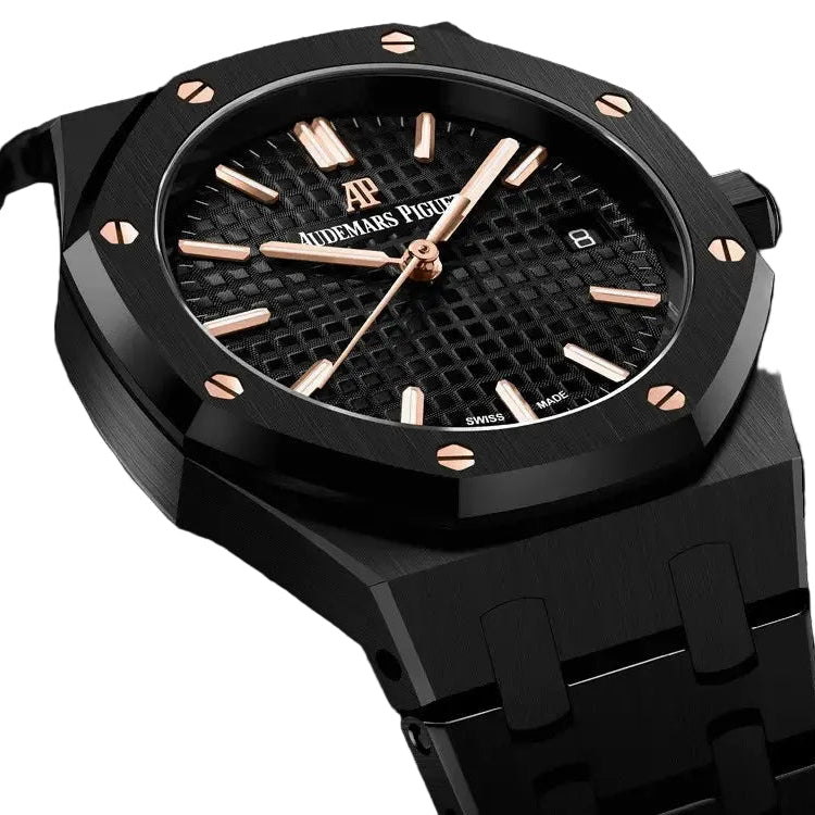 Audemars Piguet Royal Oak men's automatic watch, black dial, black bracelet – angle view