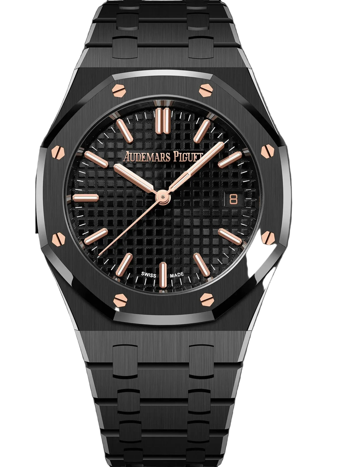 Audemars Piguet Royal Oak men's automatic watch, black dial, black bracelet – front close-up