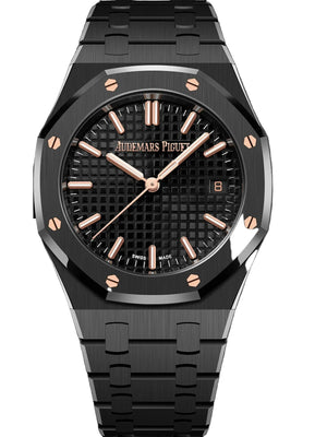 Audemars Piguet Royal Oak men's automatic watch, black dial, black bracelet – front close-up