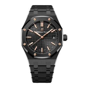 Audemars Piguet Royal Oak men's automatic watch, black dial, black bracelet – full front view