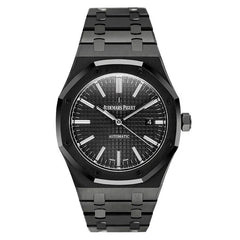 Audemars Piguet Royal Oak men's automatic watch, black tapisserie dial, black bracelet – front view