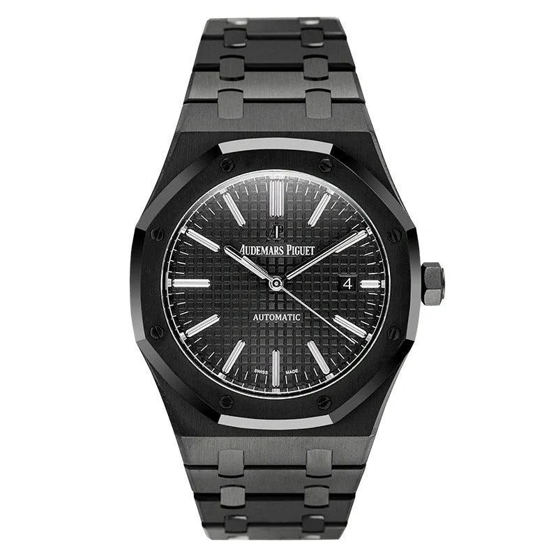 Audemars Piguet Royal Oak men's automatic watch, black tapisserie dial, black bracelet – front view