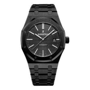 Audemars Piguet Royal Oak men's automatic watch, black tapisserie dial, black bracelet – full front view