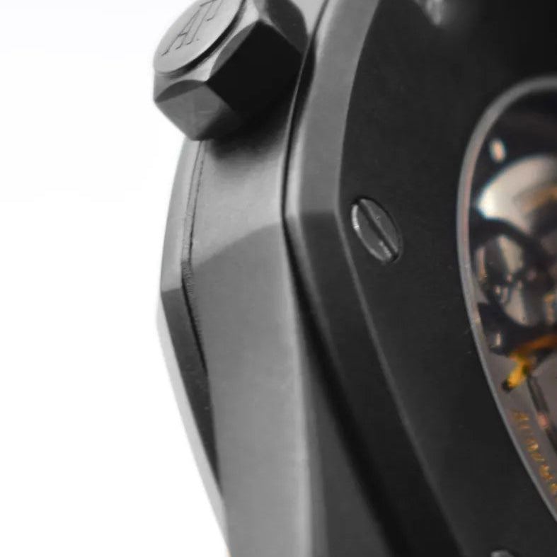 Audemars Piguet Royal Oak men's automatic watch, black tapisserie dial, black bracelet – side close-up
