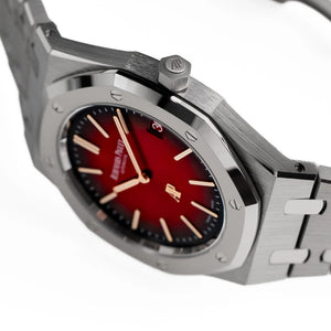 Audemars Piguet Royal Oak men's automatic watch, red gradient dial, silver stainless steel bracelet – angle close-up