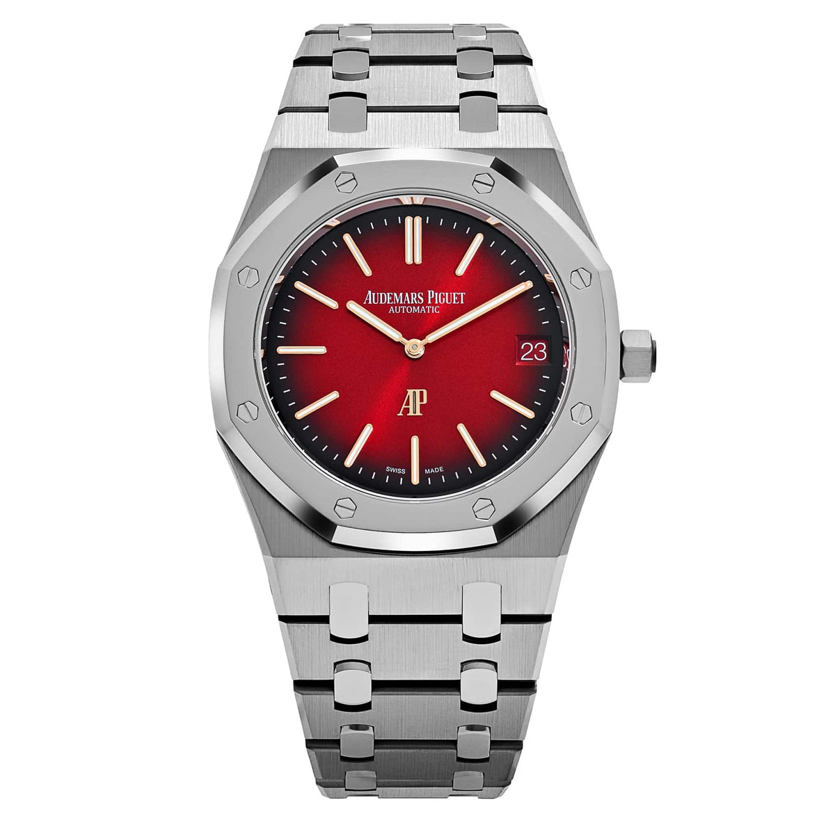 Audemars Piguet Royal Oak men's automatic watch, red gradient dial, silver stainless steel bracelet – front view