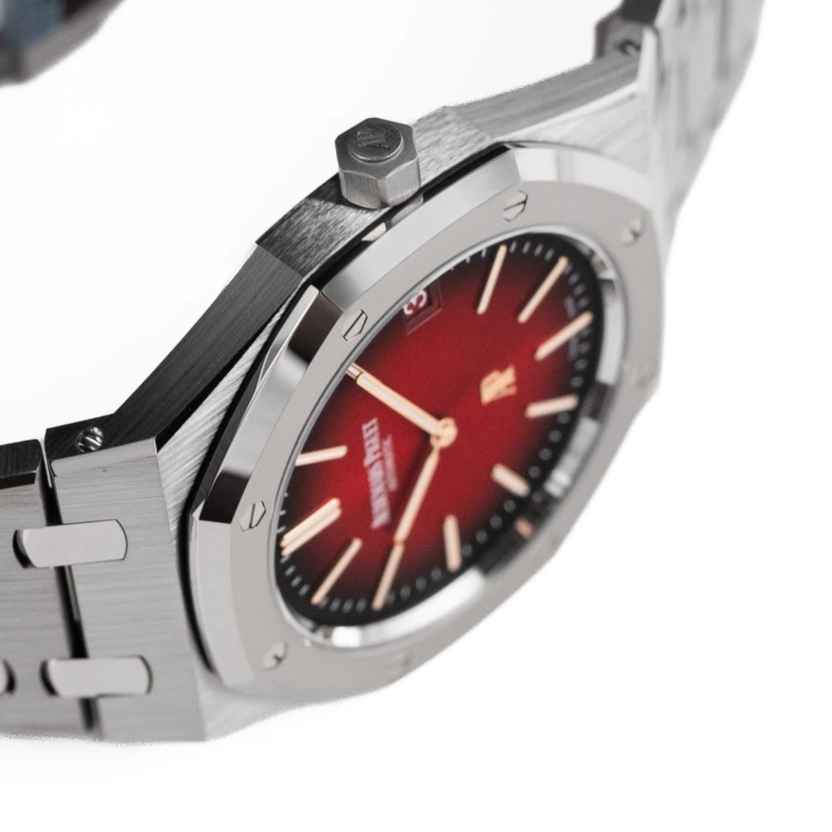 Audemars Piguet Royal Oak men's automatic watch, red gradient dial, silver stainless steel bracelet – side angle close-up