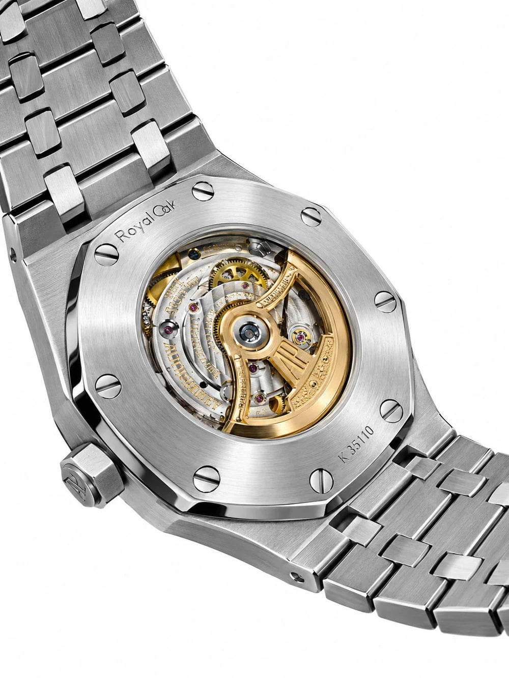 Audemars Piguet Royal Oak men's automatic watch – caseback angle view with stainless steel bracelet