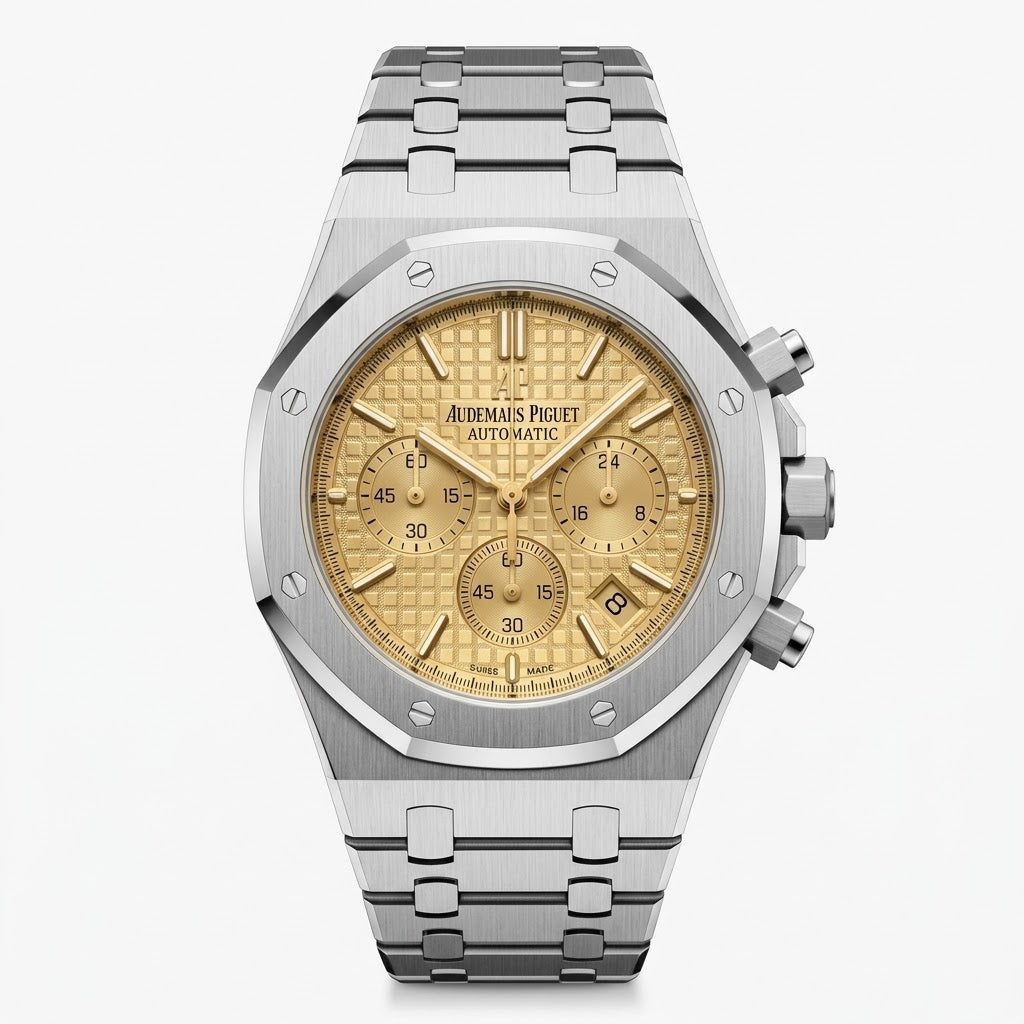 Audemars Piguet Royal Oak men's chronograph watch, 39mm case, yellow dial, silver stainless steel strap – view 2