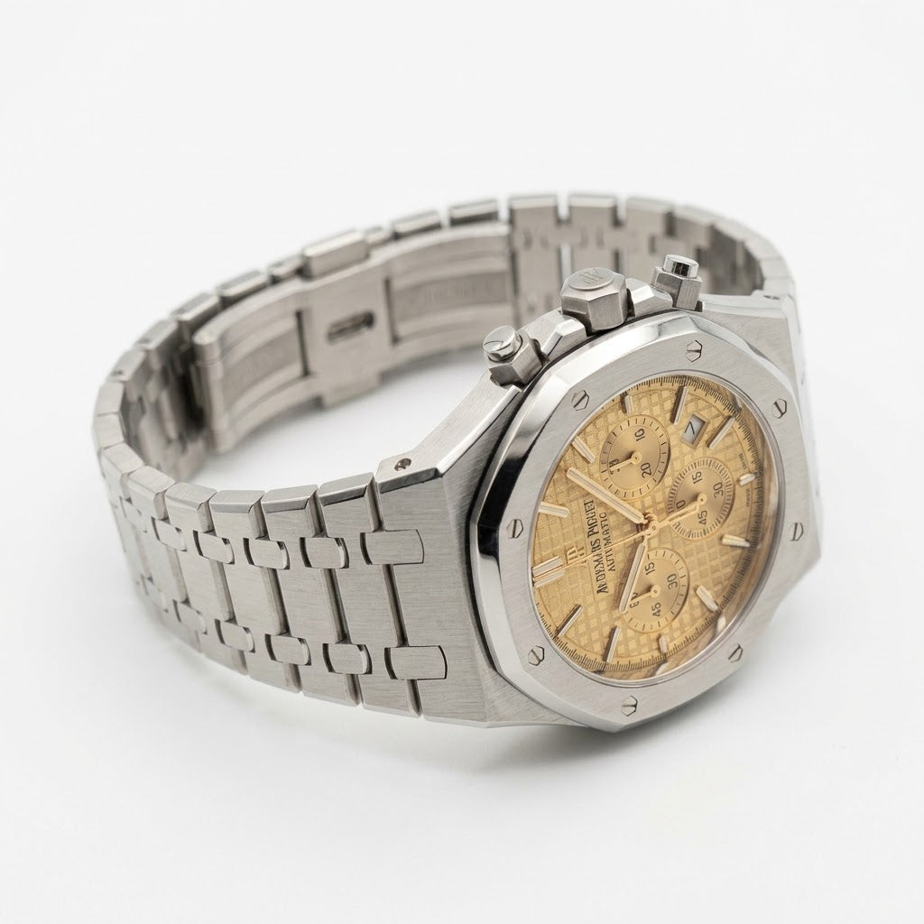 Audemars Piguet Royal Oak men's chronograph watch, 39mm case, yellow dial, silver stainless steel strap – view 4