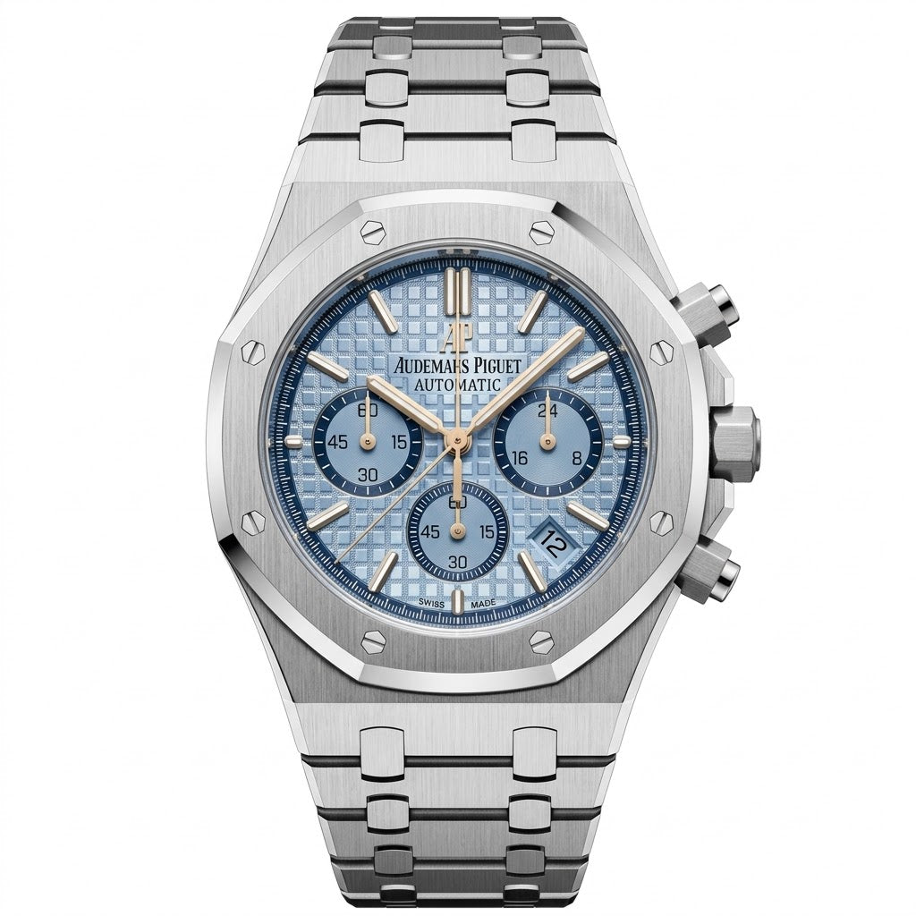 Audemars Piguet Royal Oak men's chronograph watch, 41mm case, light blue dial, silver stainless steel strap – view 2