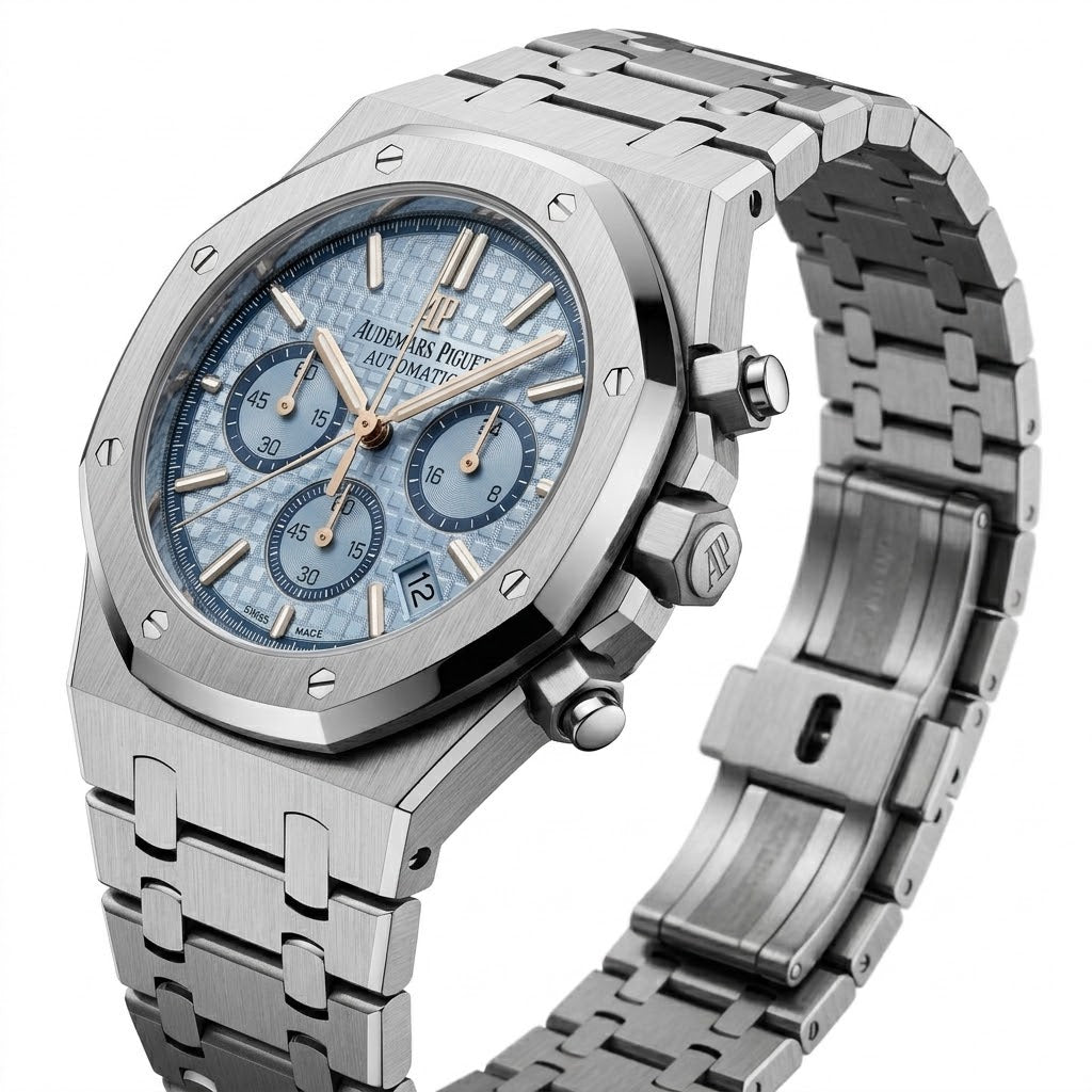 Audemars Piguet Royal Oak men's chronograph watch, 41mm case, light blue dial, silver stainless steel strap – view 3