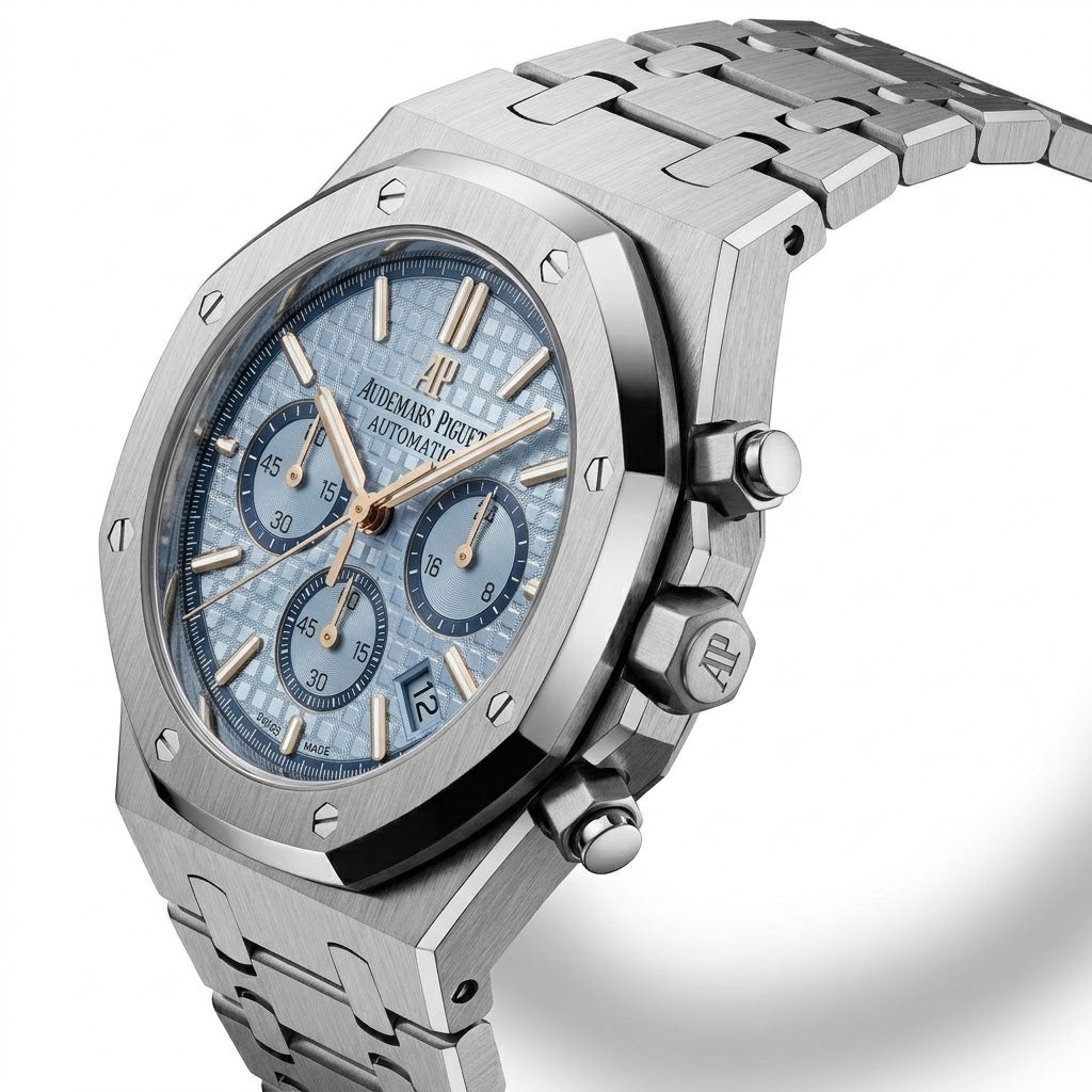 Audemars Piguet Royal Oak men's chronograph watch, 41mm case, light blue dial, silver stainless steel strap – view 4