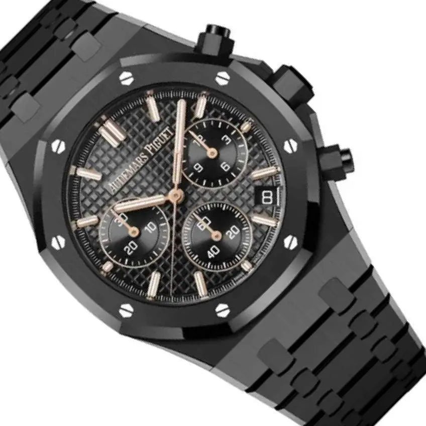 Audemars Piguet Royal Oak men's chronograph watch, black dial, black bracelet – angle close-up