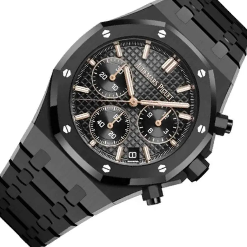 Audemars Piguet Royal Oak men's chronograph watch, black dial, black bracelet – angle view