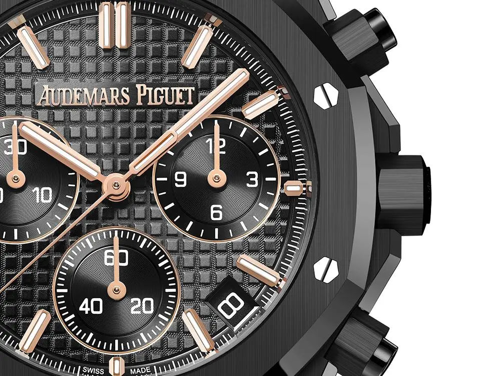 Audemars Piguet Royal Oak men's chronograph watch, black dial, black bracelet – dial close-up