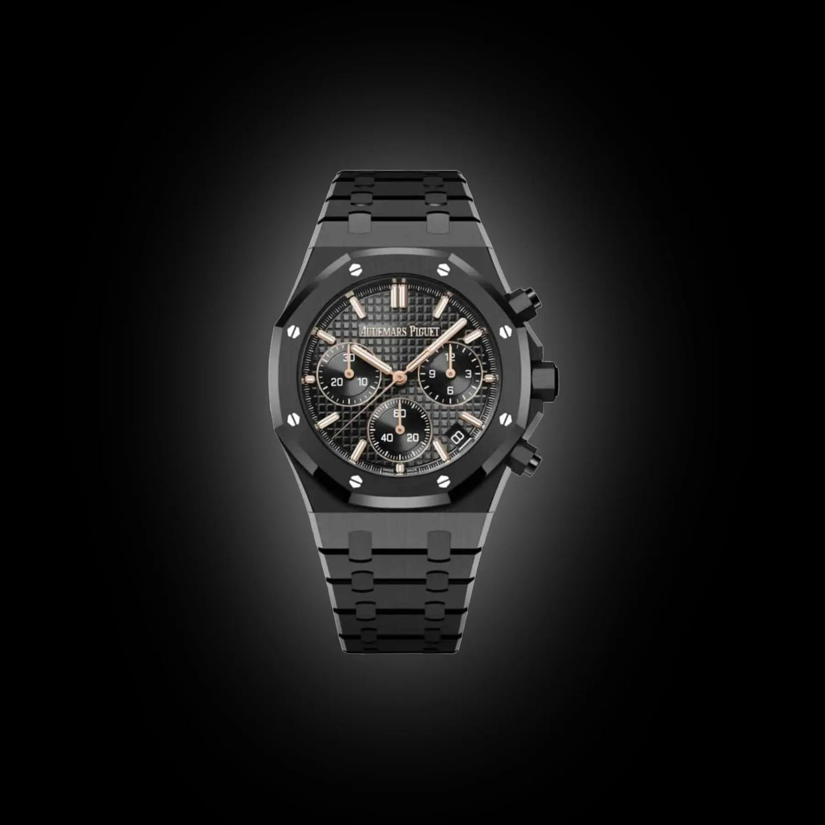 Audemars Piguet Royal Oak men's chronograph watch, black dial, black bracelet – front view on dark background