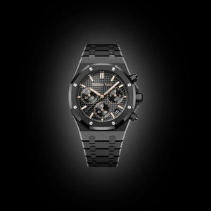 Audemars Piguet Royal Oak men's chronograph watch, black dial, black bracelet – front view on dark background