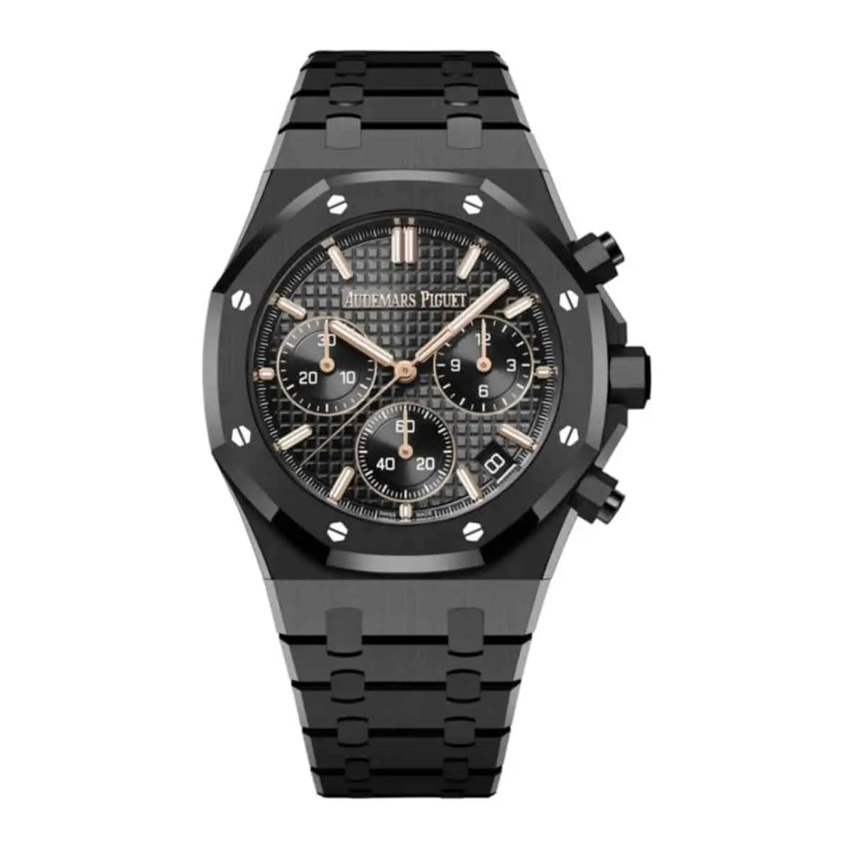 Audemars Piguet Royal Oak men's chronograph watch, black dial, black bracelet – front view