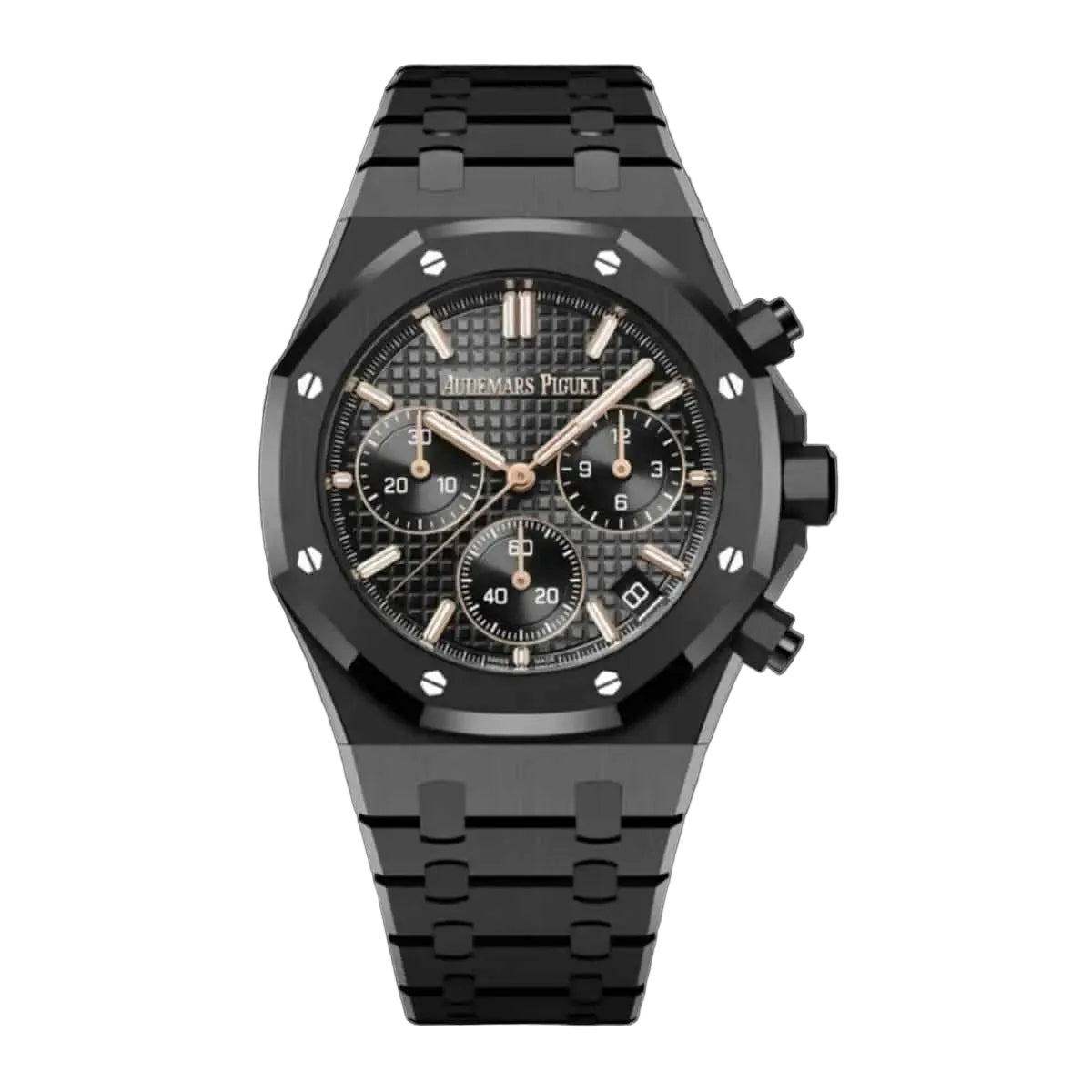 Audemars Piguet Royal Oak men's chronograph watch, black dial, black bracelet – full front view