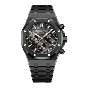 Audemars Piguet Royal Oak men's chronograph watch, black dial, black bracelet – full front view