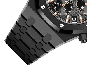 Audemars Piguet Royal Oak men's chronograph watch, black dial, black bracelet – side close-up