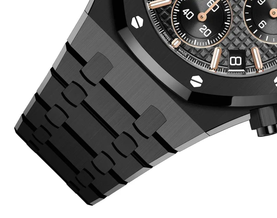 Audemars Piguet Royal Oak men's chronograph watch, black dial, black bracelet – side close-up