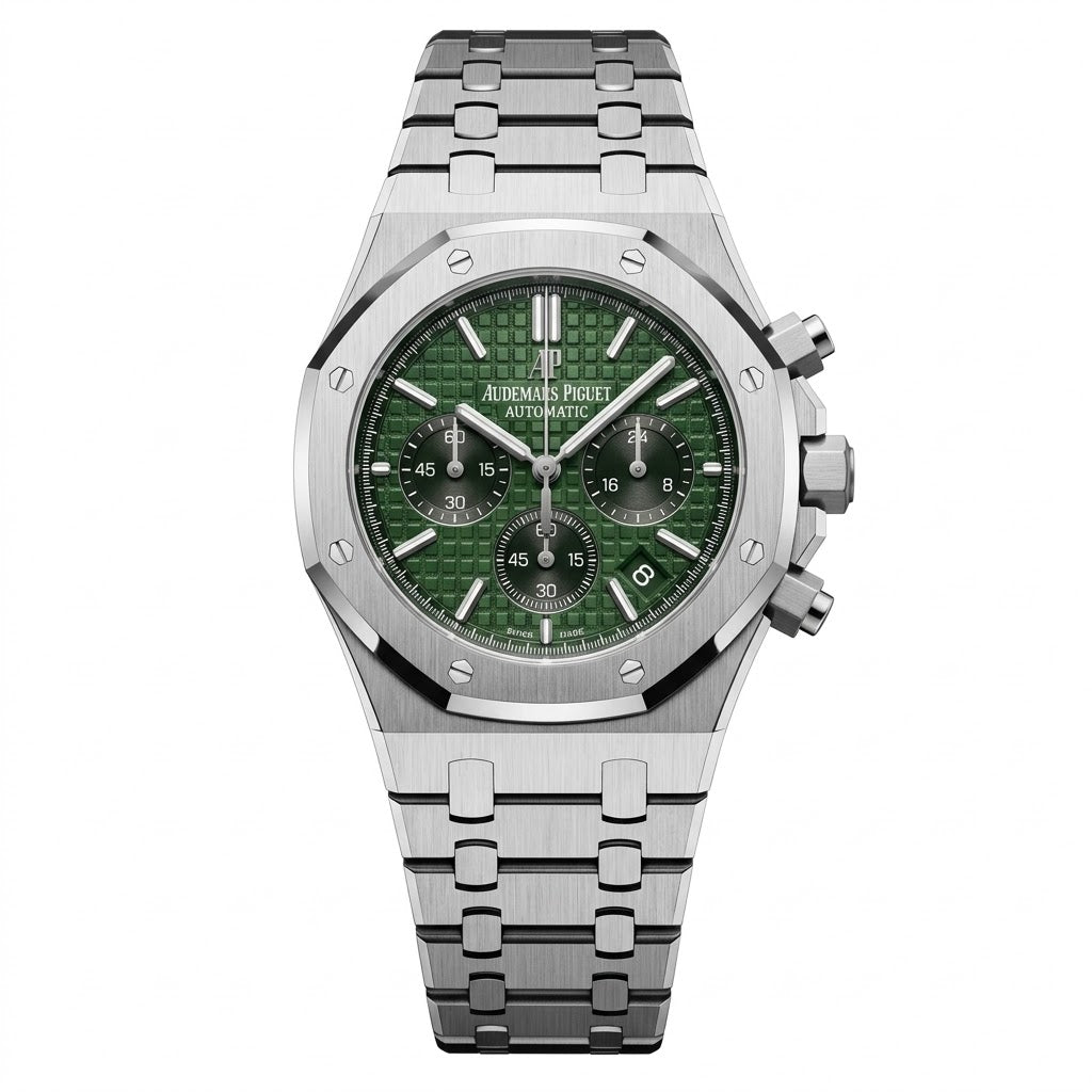 Audemars Piguet Royal Oak Men's Chronograph Watch – Green Dial & Silver Stainless Steel Strap | ساعة أوديمار بيجيه رويال أوك رجالي مينا أخضر