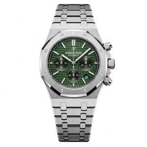 Audemars Piguet Royal Oak Men's Chronograph Watch – Green Dial & Silver Stainless Steel Strap | ساعة أوديمار بيجيه رويال أوك رجالي مينا أخضر