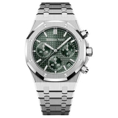 Audemars Piguet Royal Oak Men's Chronograph Watch – Green Tone-on-Tone Dial & Silver Stainless Steel Strap | ساعة أوديمار بيجيه رويال أوك رجالي مينا أخضر