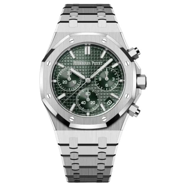 Audemars Piguet Royal Oak Men's Chronograph Watch – Green Tone-on-Tone Dial & Silver Stainless Steel Strap | ساعة أوديمار بيجيه رويال أوك رجالي مينا أخضر
