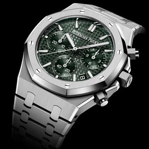 Audemars Piguet Royal Oak men's chronograph watch, green tone-on-tone dial, silver stainless steel bracelet – angle view on dark background
