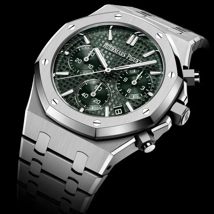 Audemars Piguet Royal Oak men's chronograph watch, green tone-on-tone dial, silver stainless steel bracelet – angle view on dark background
