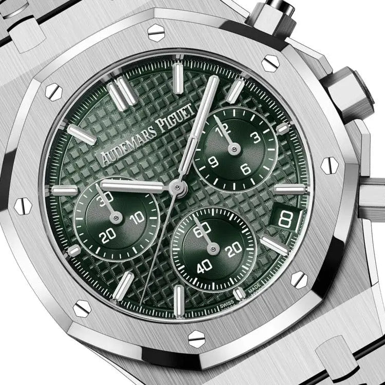 Audemars Piguet Royal Oak men's chronograph watch, green tone-on-tone dial, silver stainless steel bracelet – dial close-up