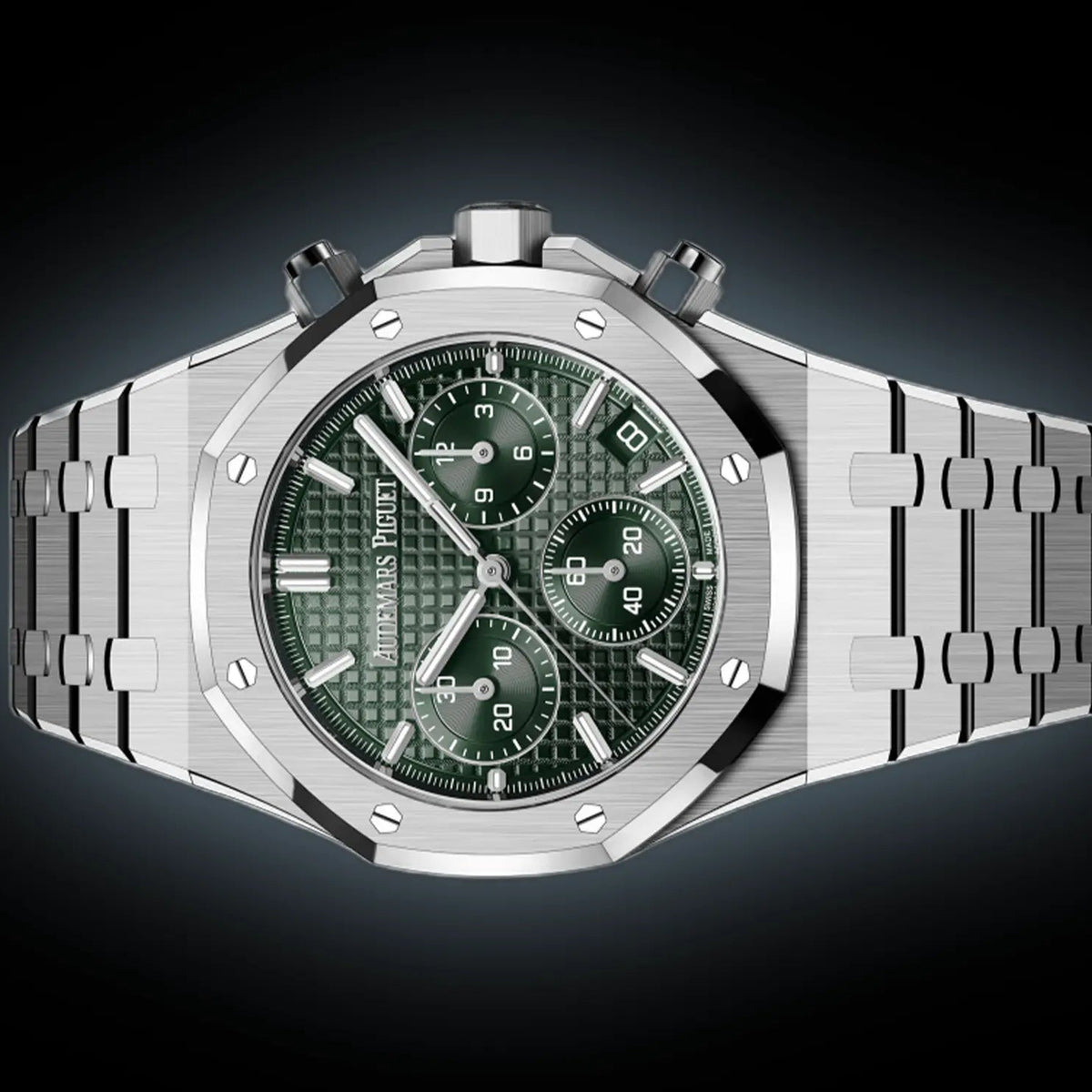 Audemars Piguet Royal Oak men's chronograph watch, green tone-on-tone dial, silver stainless steel bracelet – front view on dark background