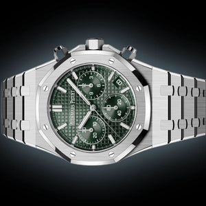 Audemars Piguet Royal Oak men's chronograph watch, green tone-on-tone dial, silver stainless steel bracelet – front view on dark background