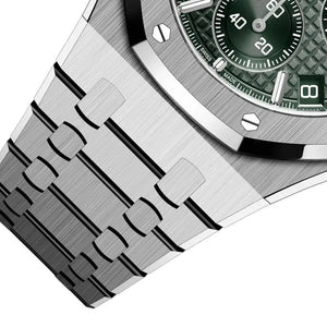 Audemars Piguet Royal Oak men's chronograph watch, green tone-on-tone dial, silver stainless steel bracelet – side angle close-up