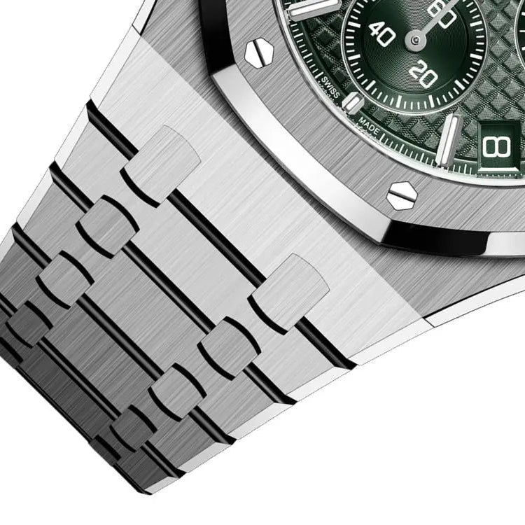 Audemars Piguet Royal Oak men's chronograph watch, green tone-on-tone dial, silver stainless steel bracelet – side angle close-up