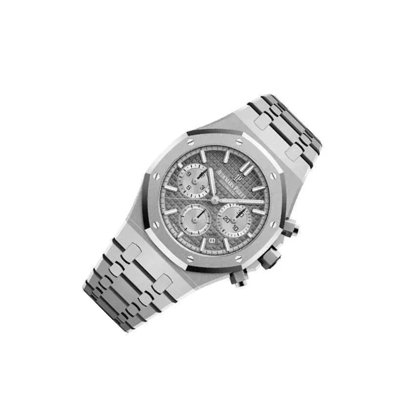 Audemars Piguet Royal Oak men's chronograph watch, grey dial, silver stainless steel bracelet – angle view