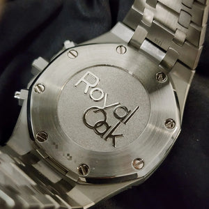 Audemars Piguet Royal Oak men's chronograph watch, grey dial, silver stainless steel bracelet – caseback close-up