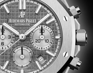 Audemars Piguet Royal Oak men's chronograph watch, grey dial, silver stainless steel bracelet – dial close-up on dark background