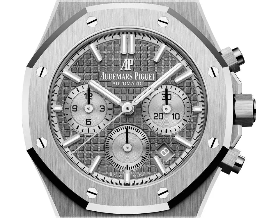 Audemars Piguet Royal Oak men's chronograph watch, grey dial, silver stainless steel bracelet – dial close-up