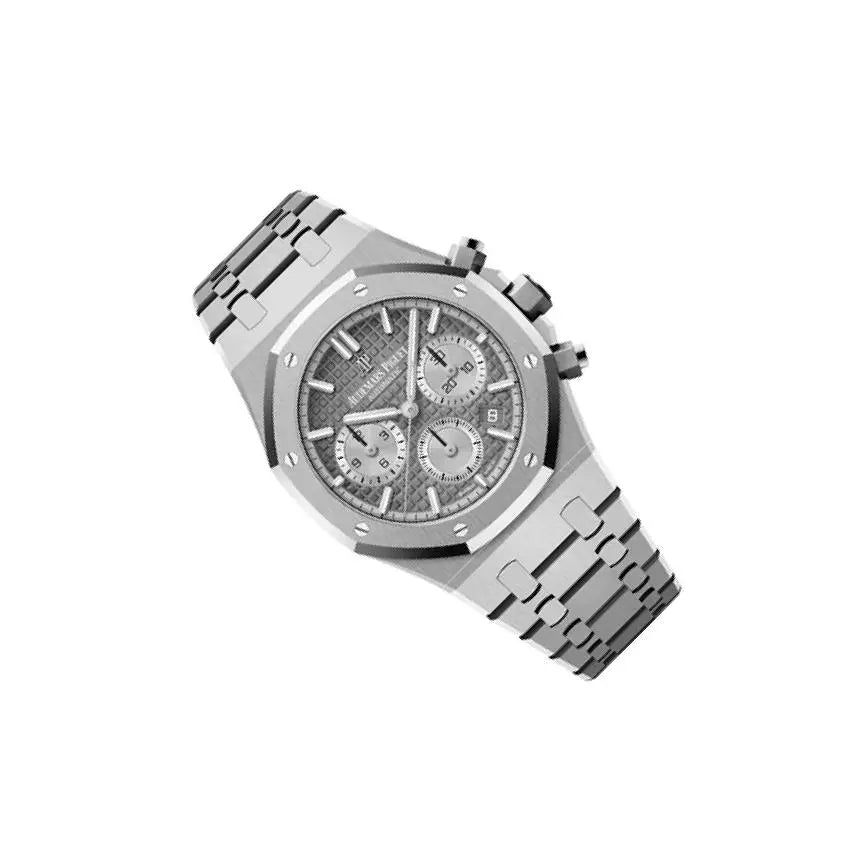 Audemars Piguet Royal Oak men's chronograph watch, grey dial, silver stainless steel bracelet – flat-lay view