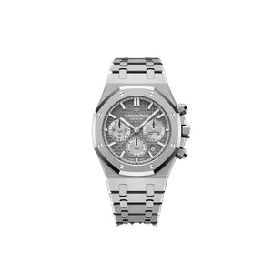 Audemars Piguet Royal Oak men's chronograph watch, grey dial, silver stainless steel bracelet – front view on white background
